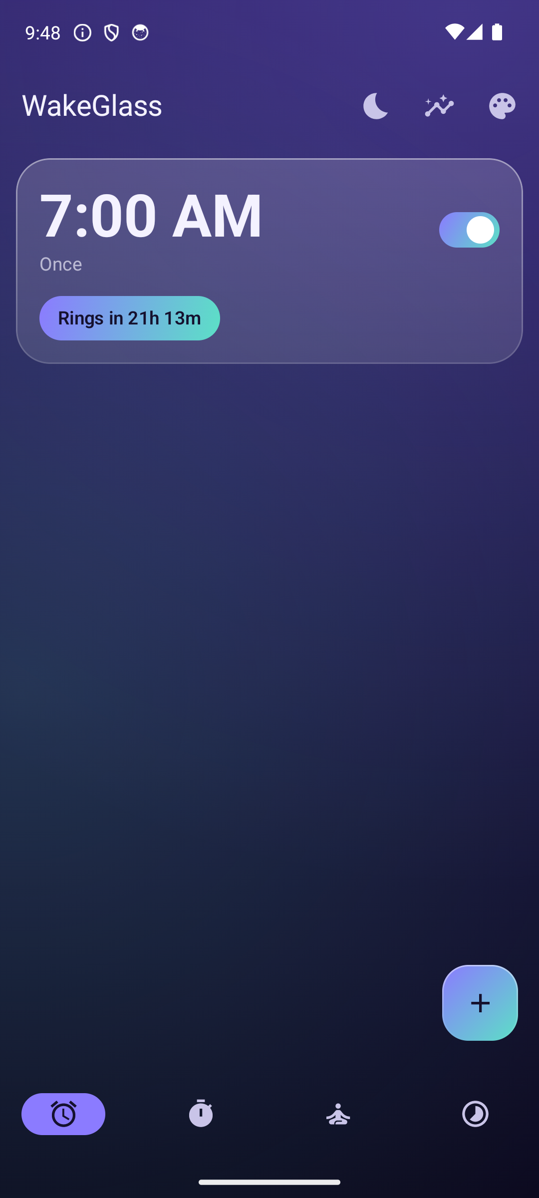 WakeGlass alarms screen